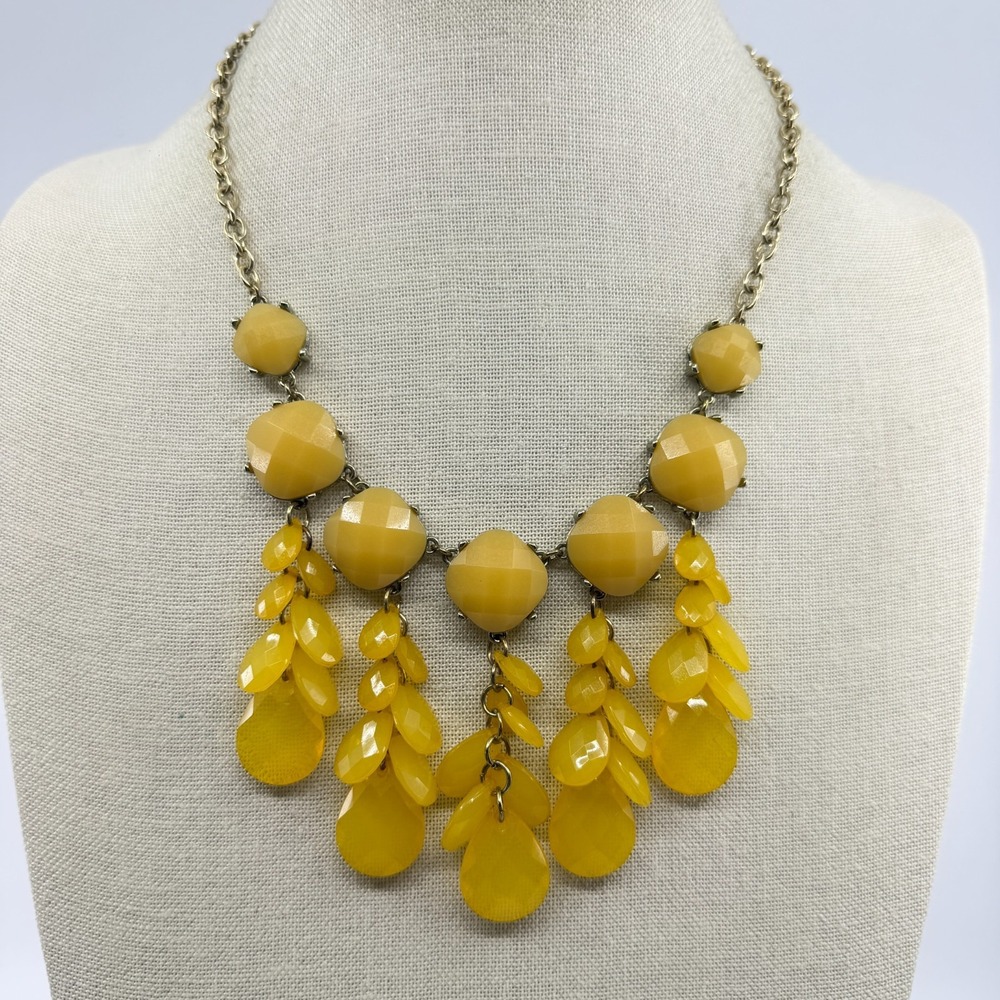 Vibrant Yellow Statement Bib Necklace Gold Tone Faceted Teardrop Boho Festival